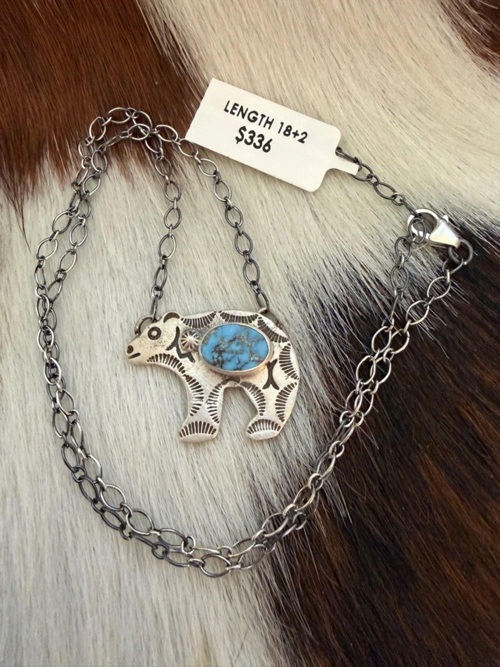❤️ Golden Hills Turquoise Hand Stamped Statement Bear Necklace 925 Matte 18+2”